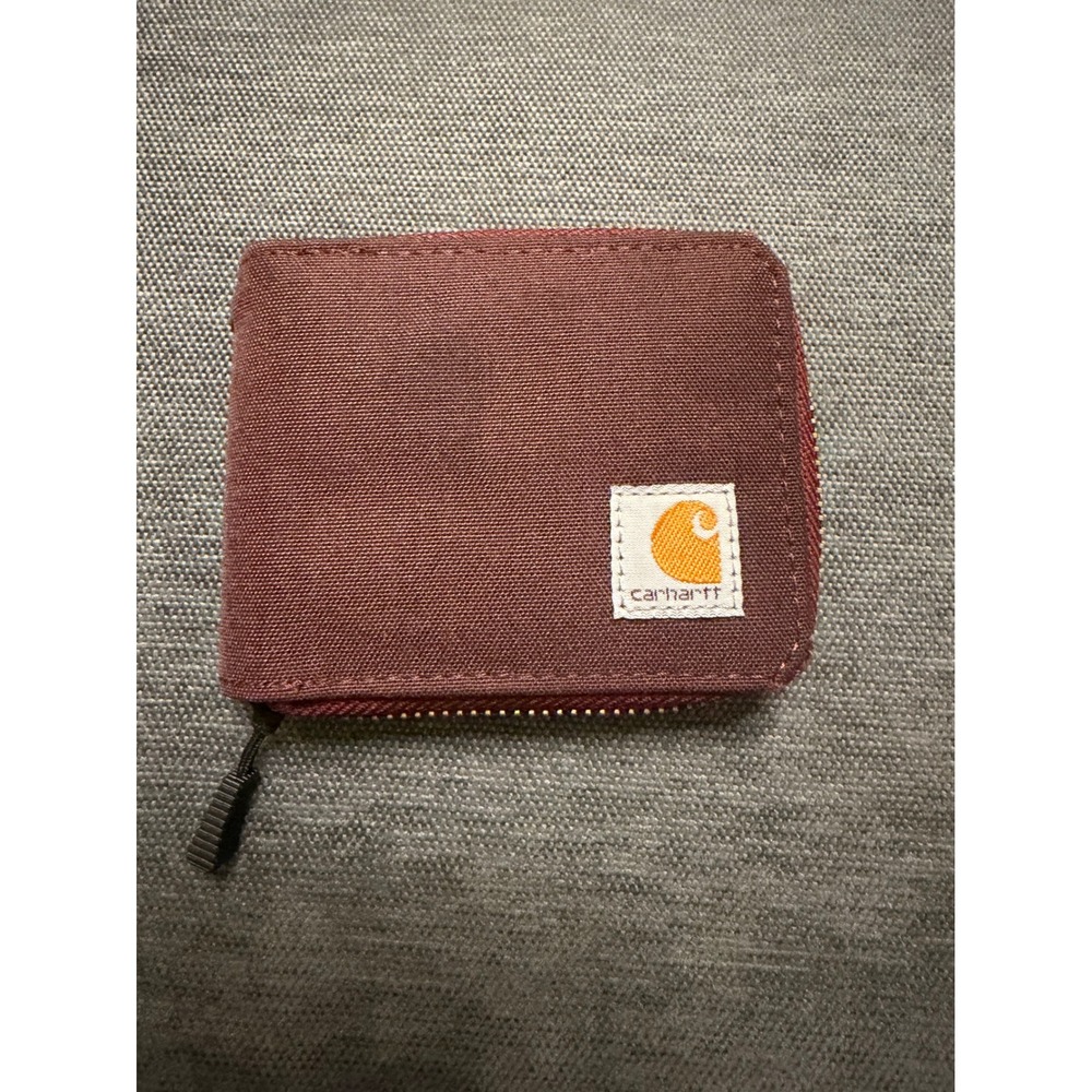 Carhartt Zip Around Bifold Canvas Wallet Burgundy Red Keychain Grommet Logo